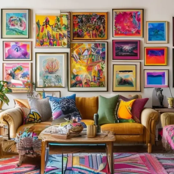 Uma sala de estar vibrante com quadros e posters que realçam o espaço.