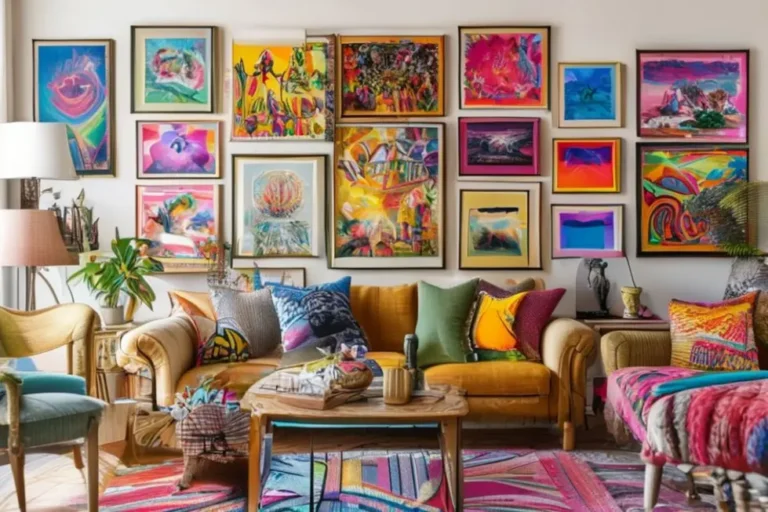 Uma sala de estar vibrante com quadros e posters que realçam o espaço.