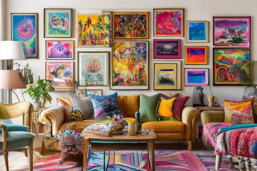 Uma sala de estar vibrante com quadros e posters que realçam o espaço.