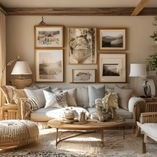 Uma sala de estar bem decorada com quadros, iluminada por luz natural, mostrando um ambiente aconchegante.