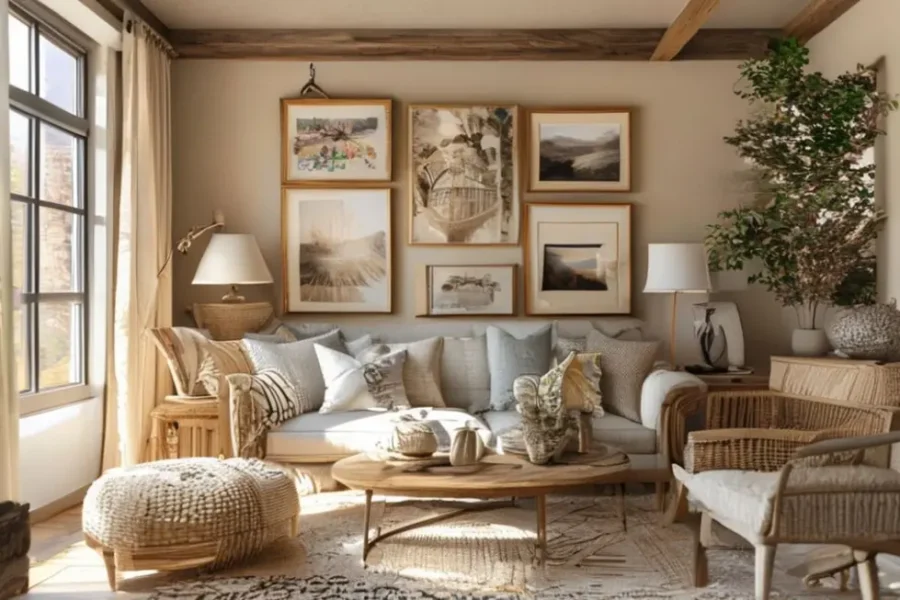 Uma sala de estar bem decorada com quadros, iluminada por luz natural, mostrando um ambiente aconchegante.