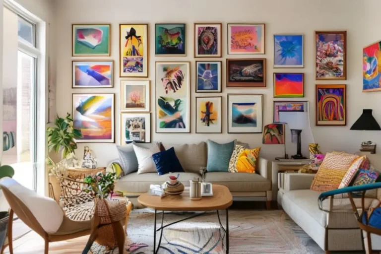 Sala de estar iluminada com arte variada nas paredes.