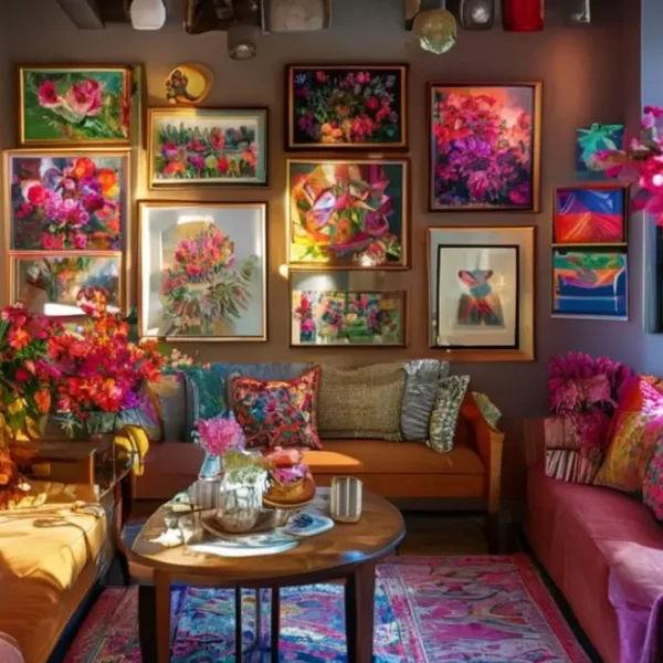 Ambiente estilizado com quadros e itens decorativos.