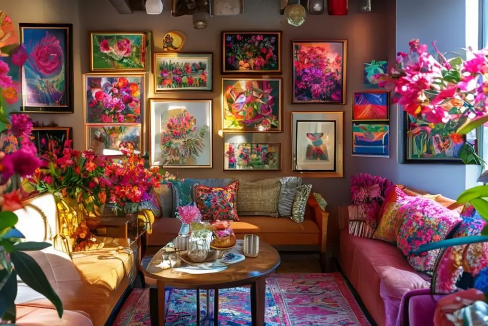 Ambiente estilizado com quadros e itens decorativos.