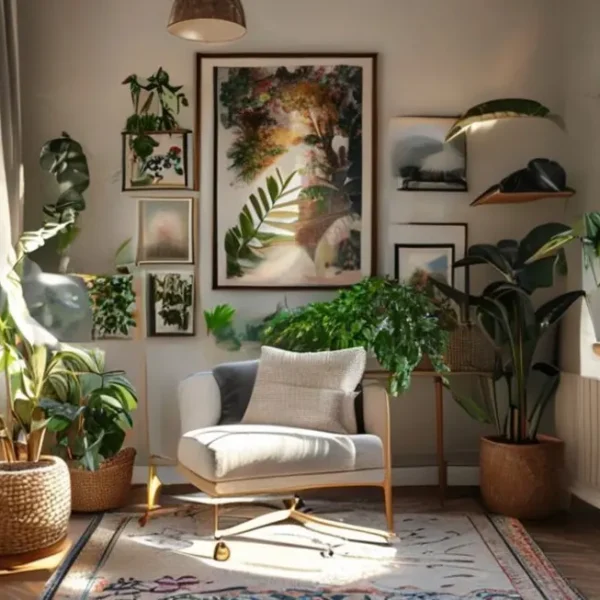 Um escritório em casa bem decorado com quadros e um ambiente acolhedor.