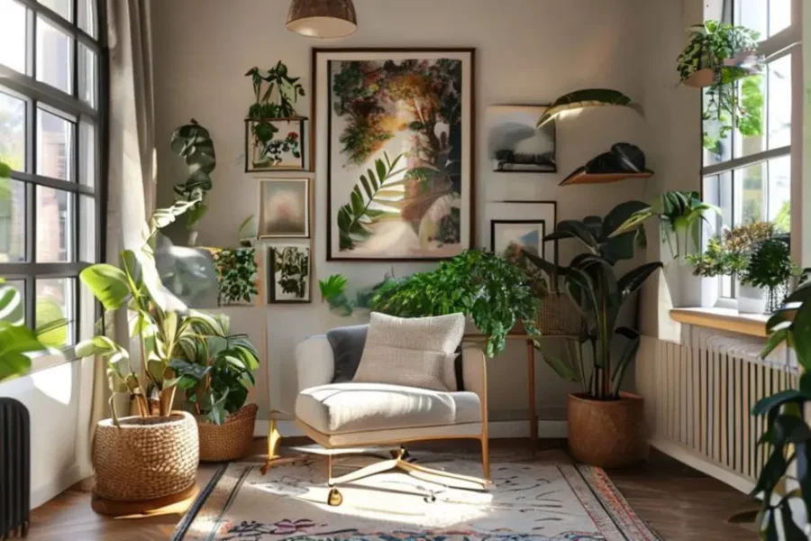 Um escritório em casa bem decorado com quadros e um ambiente acolhedor.