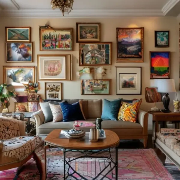 Espaço de estar decorado com quadros e elementos artísticos.