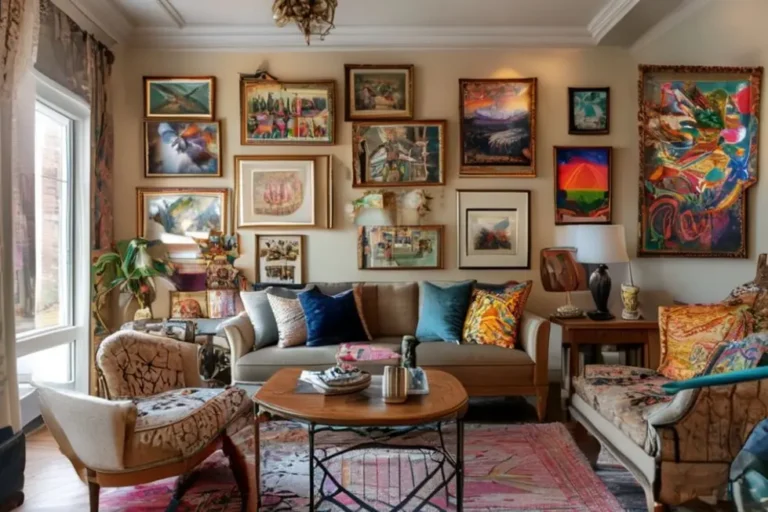 Espaço de estar decorado com quadros e elementos artísticos.