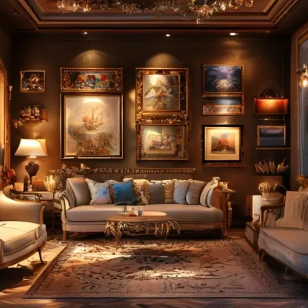 Um ambiente acolhedor e decorado com quadros e posters nas paredes.