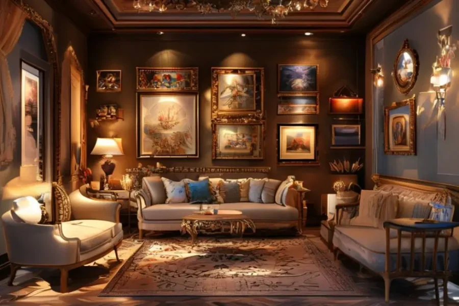 Um ambiente acolhedor e decorado com quadros e posters nas paredes.