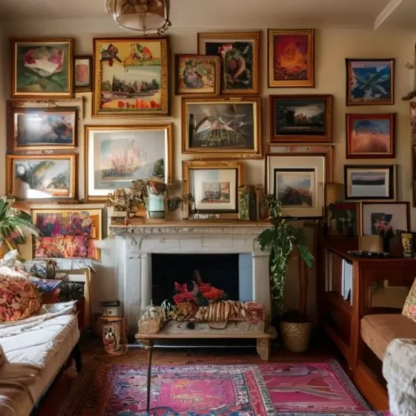 Casa decorada com quadros e posters, ambiente acolhedor.