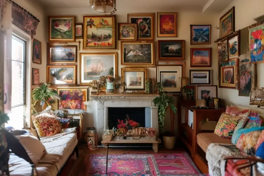 Casa decorada com quadros e posters, ambiente acolhedor.