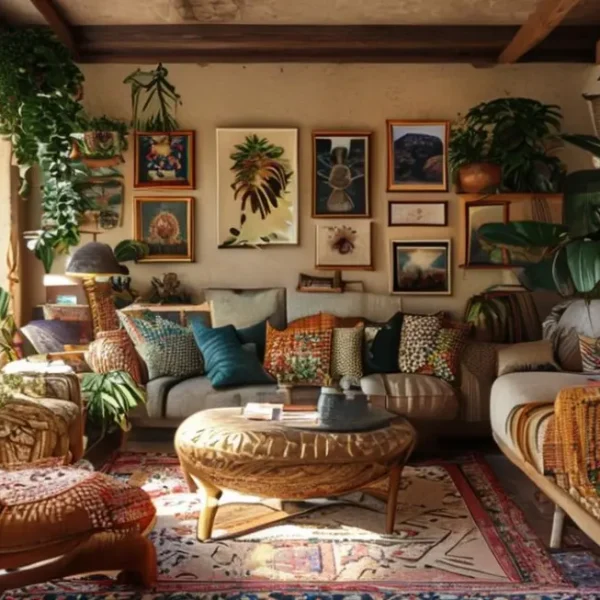 Sala de estar decorada com diversos estilos e peças únicas.