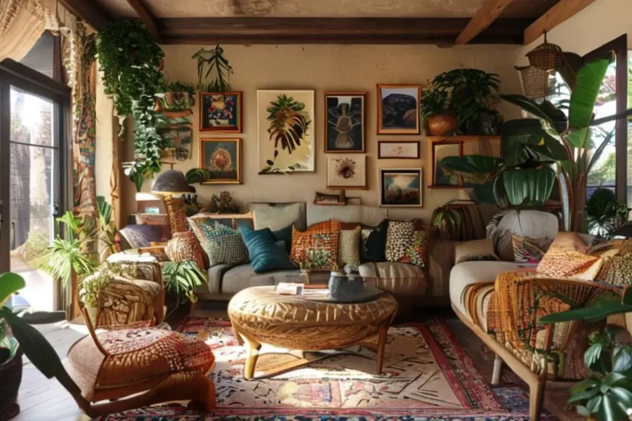 Sala de estar decorada com diversos estilos e peças únicas.