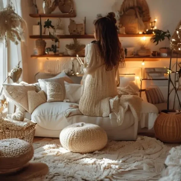 Mulher que arruma a decoração da casa com elementos criativos.