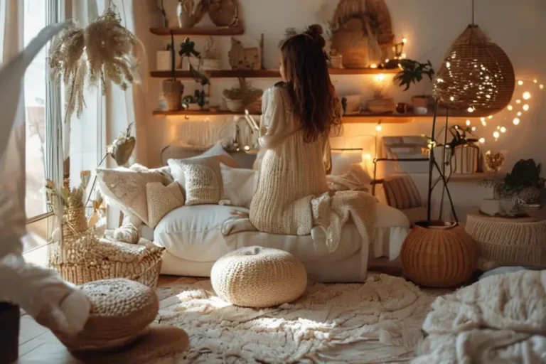 Mulher que arruma a decoração da casa com elementos criativos.