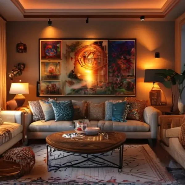 Sala de estar decorada com arte acessível e aconchegante.