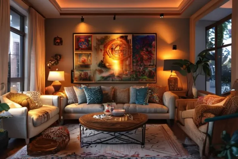 Sala de estar decorada com arte acessível e aconchegante.