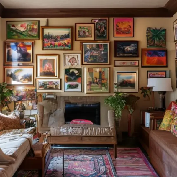 Decoração de interior convidativa com arte nas paredes.