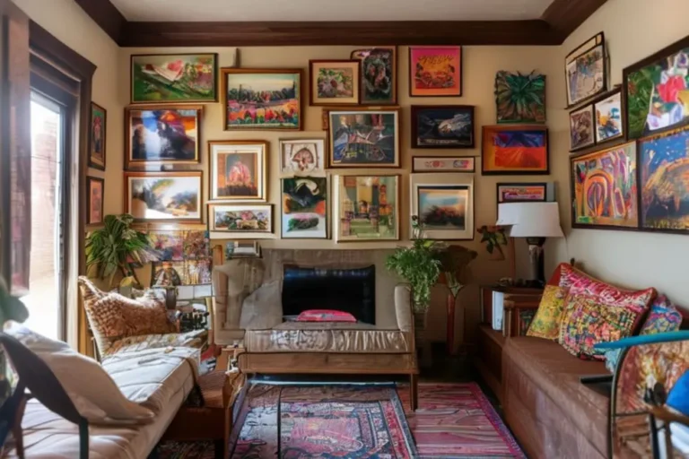 Decoração de interior convidativa com arte nas paredes.