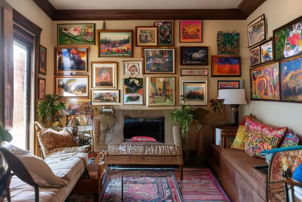 Decoração de interior convidativa com arte nas paredes.