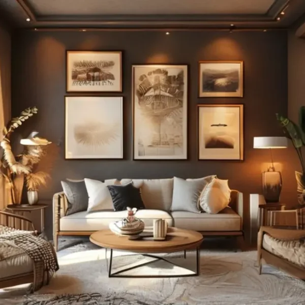 Interior aconchegante decorado com quadros e posters.