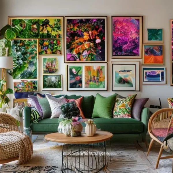 Ambiente interno acolhedor com quadros e posters coloridos.