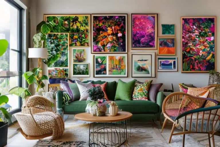 Ambiente interno acolhedor com quadros e posters coloridos.