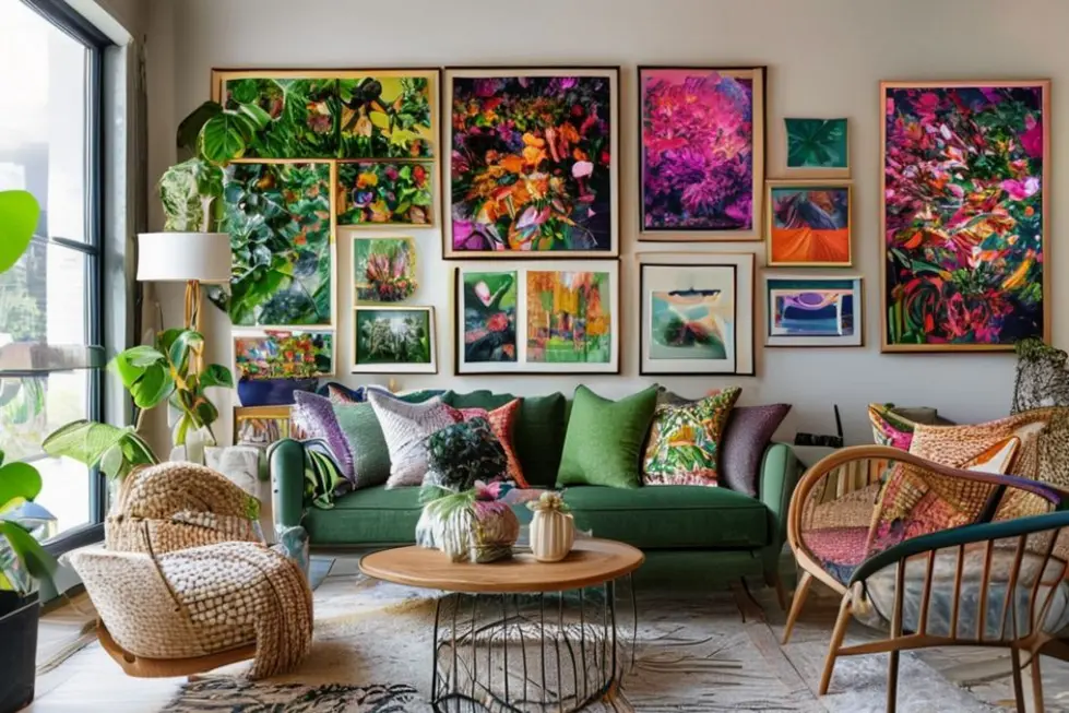 Ambiente interno acolhedor com quadros e posters coloridos.