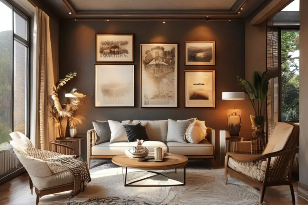 Interior aconchegante decorado com quadros e posters.