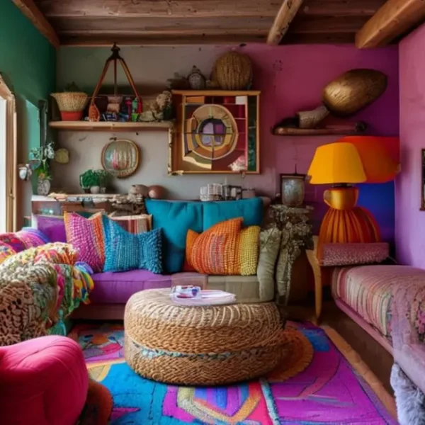 Decoração de interior acolhedora e vibrante.