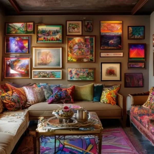 Espaço interno decorado com quadros que retratam a personalidade.