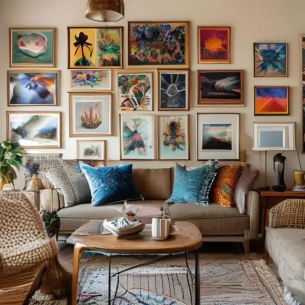 Interior de uma casa convidativa com quadros e posters variados nas paredes.