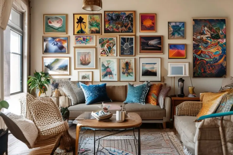 Interior de uma casa convidativa com quadros e posters variados nas paredes.