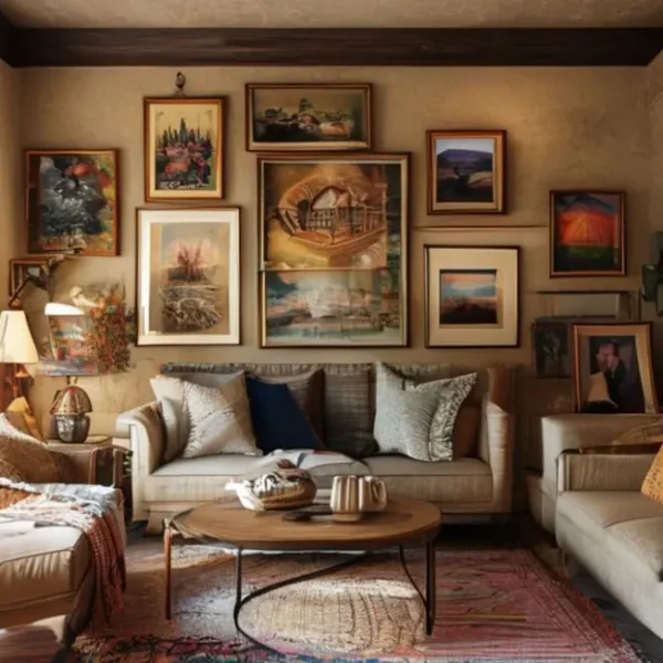 Interior de uma casa decorada com quadros e posters aconchegantes.
