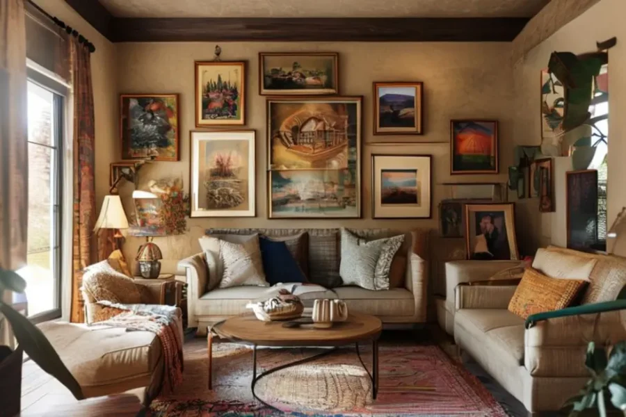 Interior de uma casa decorada com quadros e posters aconchegantes.