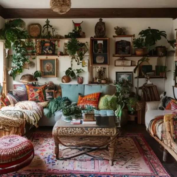 Sala de estar bem decorada com têxteis e plantas