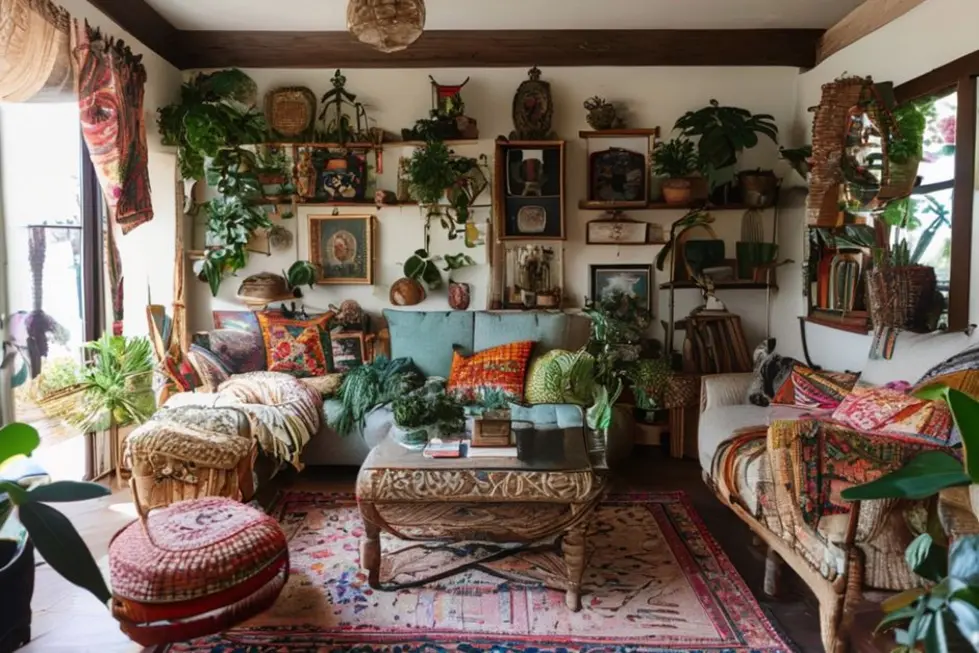 Sala de estar bem decorada com têxteis e plantas