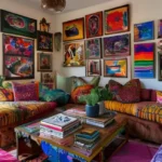 Sala de estar decorada com várias peças de arte e plantas.