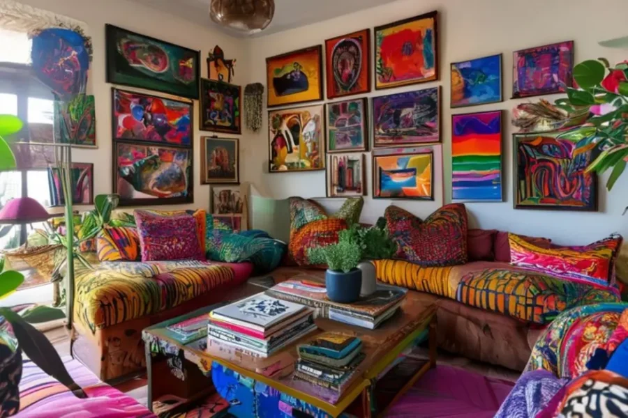 Sala de estar decorada com várias peças de arte e plantas.