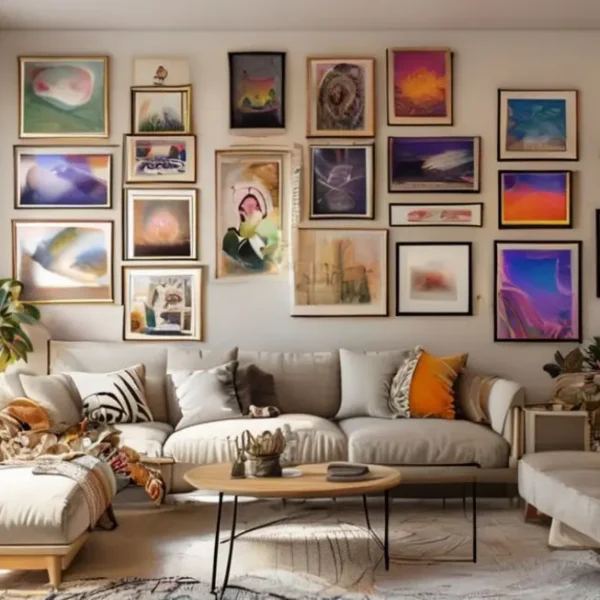 Sala de estar modernamente decorada com quadros e posters, refletindo estilo e personalidade.