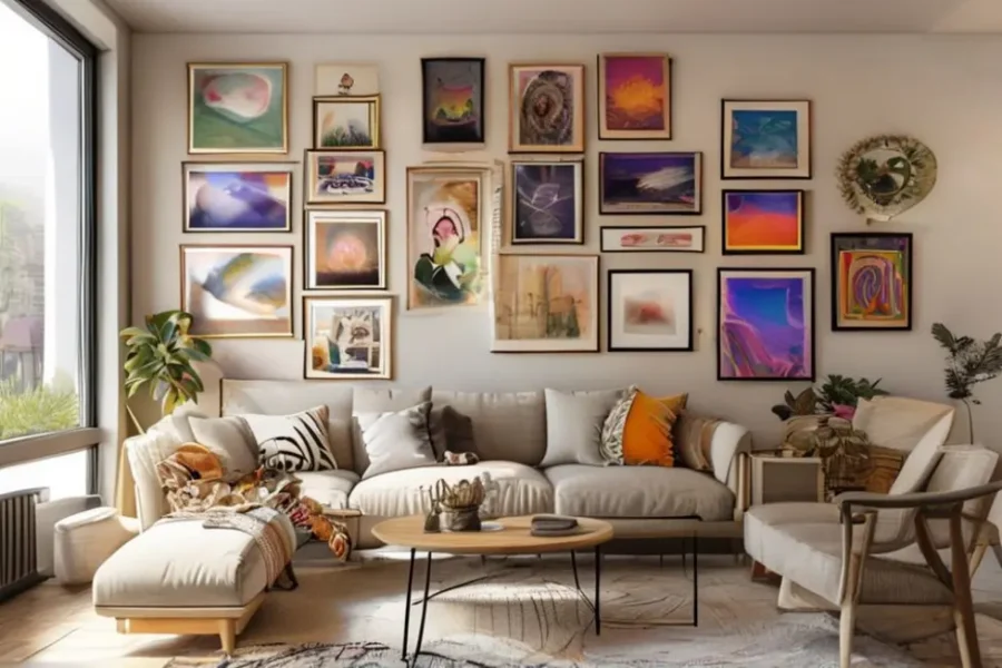 Sala de estar modernamente decorada com quadros e posters, refletindo estilo e personalidade.