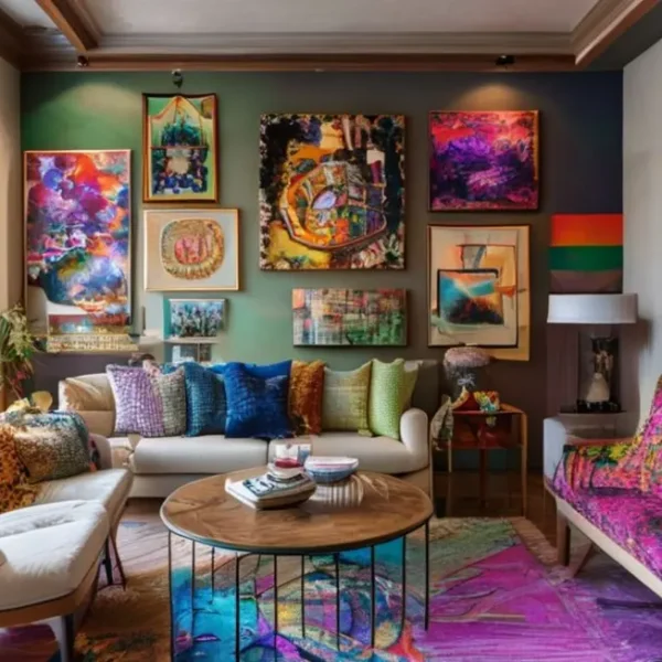 Interior de casa elegante e estiloso com uma variedade de peças de arte nas paredes.