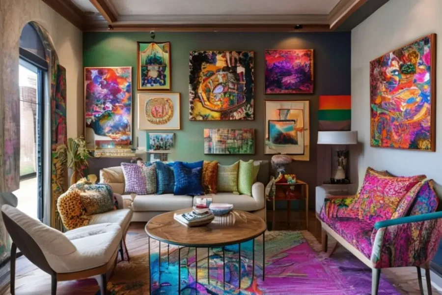 Interior de casa elegante e estiloso com uma variedade de peças de arte nas paredes.