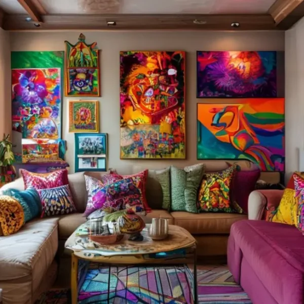 Um espaço de vida decorado com peças de arte vibrantes e posters nas paredes.