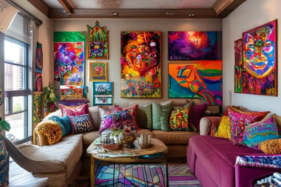 Um espaço de vida decorado com peças de arte vibrantes e posters nas paredes.