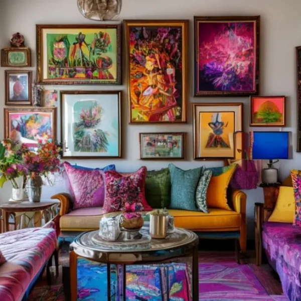 Um ambiente bem decorado com quadros e posters coloridos, ideal para mulheres que buscam inspiração.