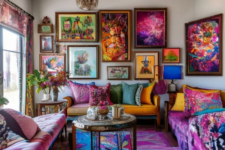 Um ambiente bem decorado com quadros e posters coloridos, ideal para mulheres que buscam inspiração.