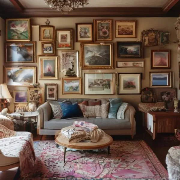 Sala decorada com quadros e posters criativos.