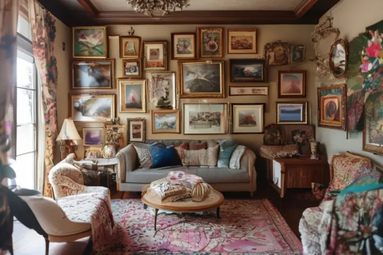 Sala decorada com quadros e posters criativos.